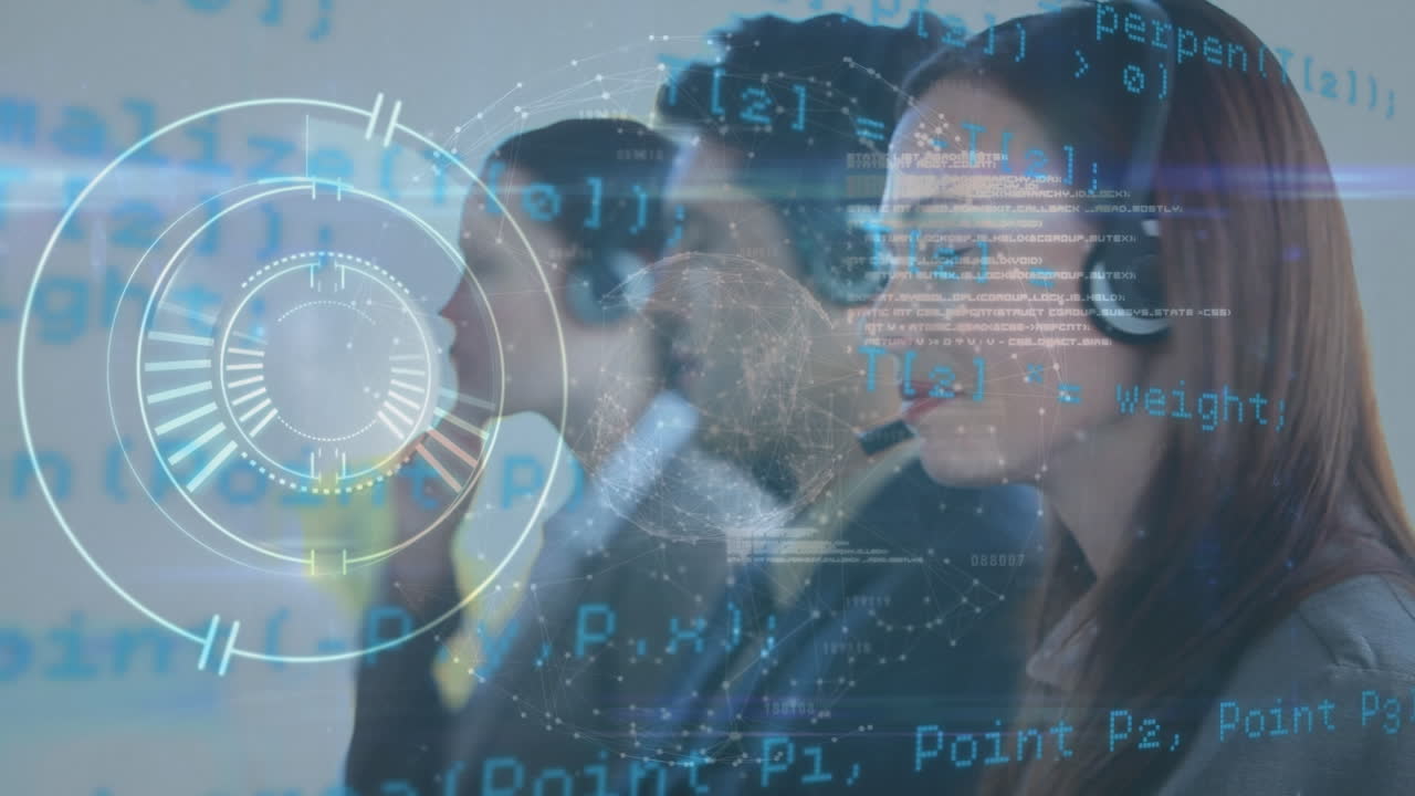 animación del procesamiento de datos sobre personas de negocios que usan auriculares telefónicos