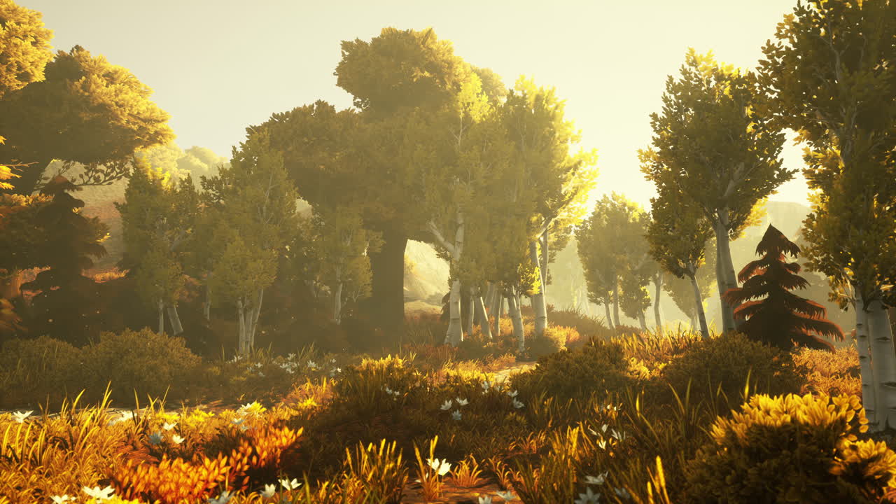 황금색  ⁇ 빛으로 백라이트 된 만화 숲 나무