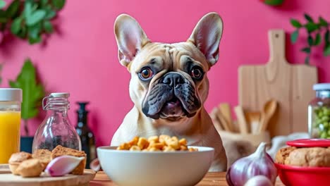 un perro sentado en una mesa con un plato de comida