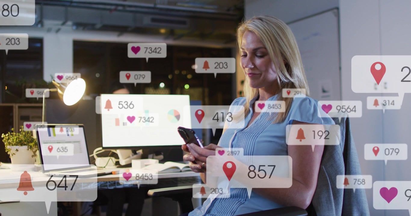 Office woman holding phone scrolling tapping causing social alerts covering torso tracking metrics