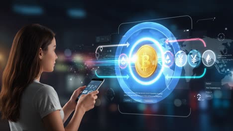 exploring cryptocurrency: a woman engages with digital assets and blockchain technology through a smartphone interface for financial empowerment