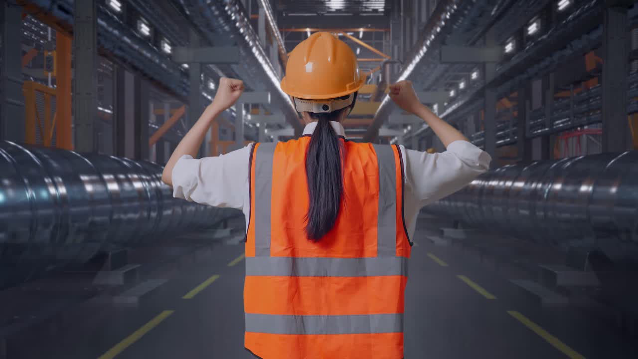 Back View Of A Female Engineer With Safety Helmet Raising Her Hands Celebrating While Working With Metal Pipes