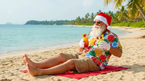 a festive beach scene featuring a cheerful santa enjoying tropical cocktails while lounging on the sand, embodying the joy of holiday celebrations in a sunny paradise