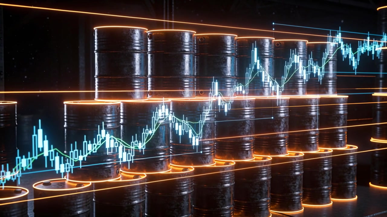 Fässer im Mittelpunkt, Bilder laufen weiter, cyanfarbene Candlestick-Kerze steigt mit grünem gleitenden Durchschnitt, Finanzdaten zeigend.