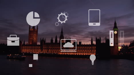 animación de iconos de negocios sobre el paisaje urbano de londres