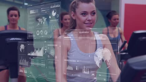 animation of data processing over caucasian woman using stationary bike