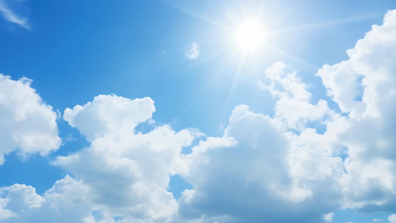 Bright sun and fluffy clouds in a clear blue sky, captured from a low-angle perspective