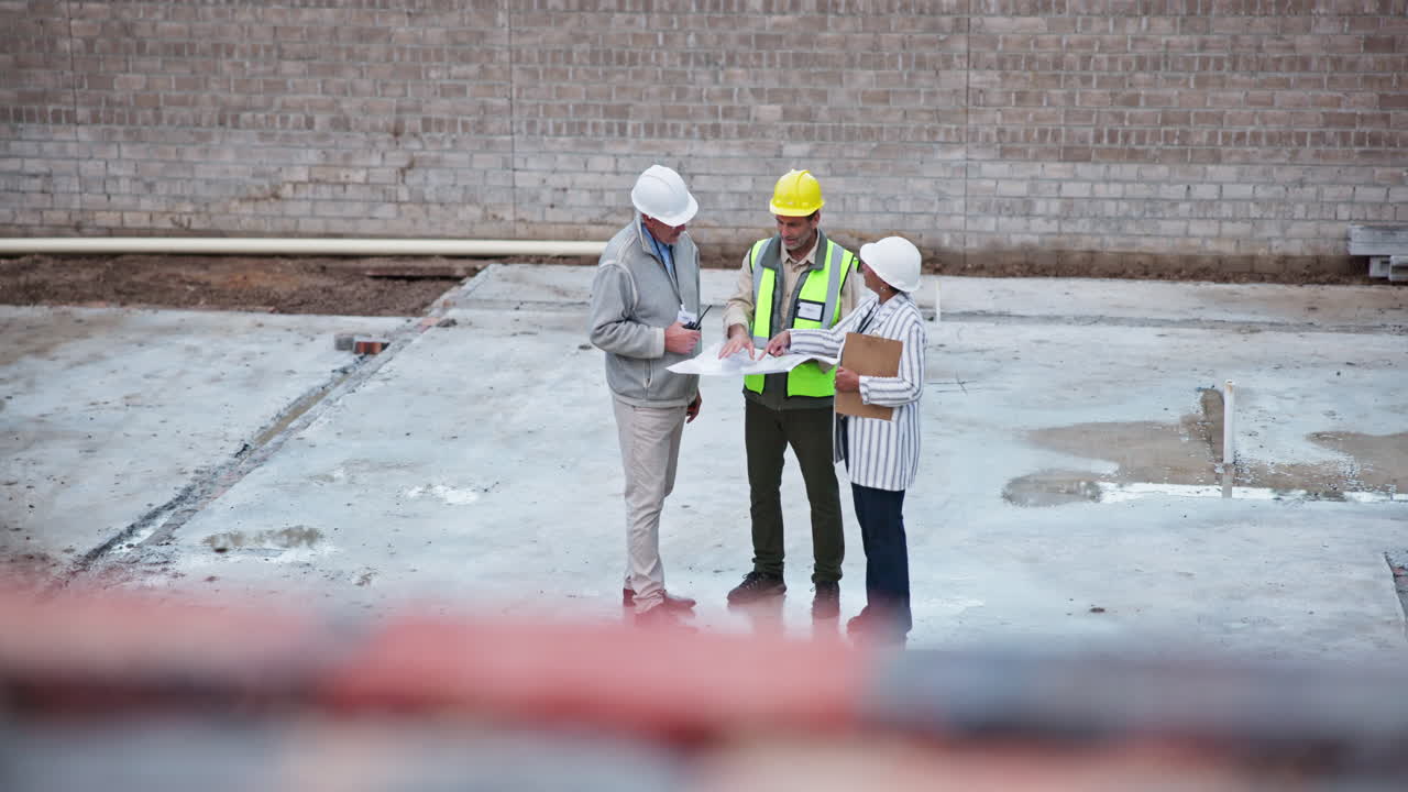 Construction workers reviewing plans on site