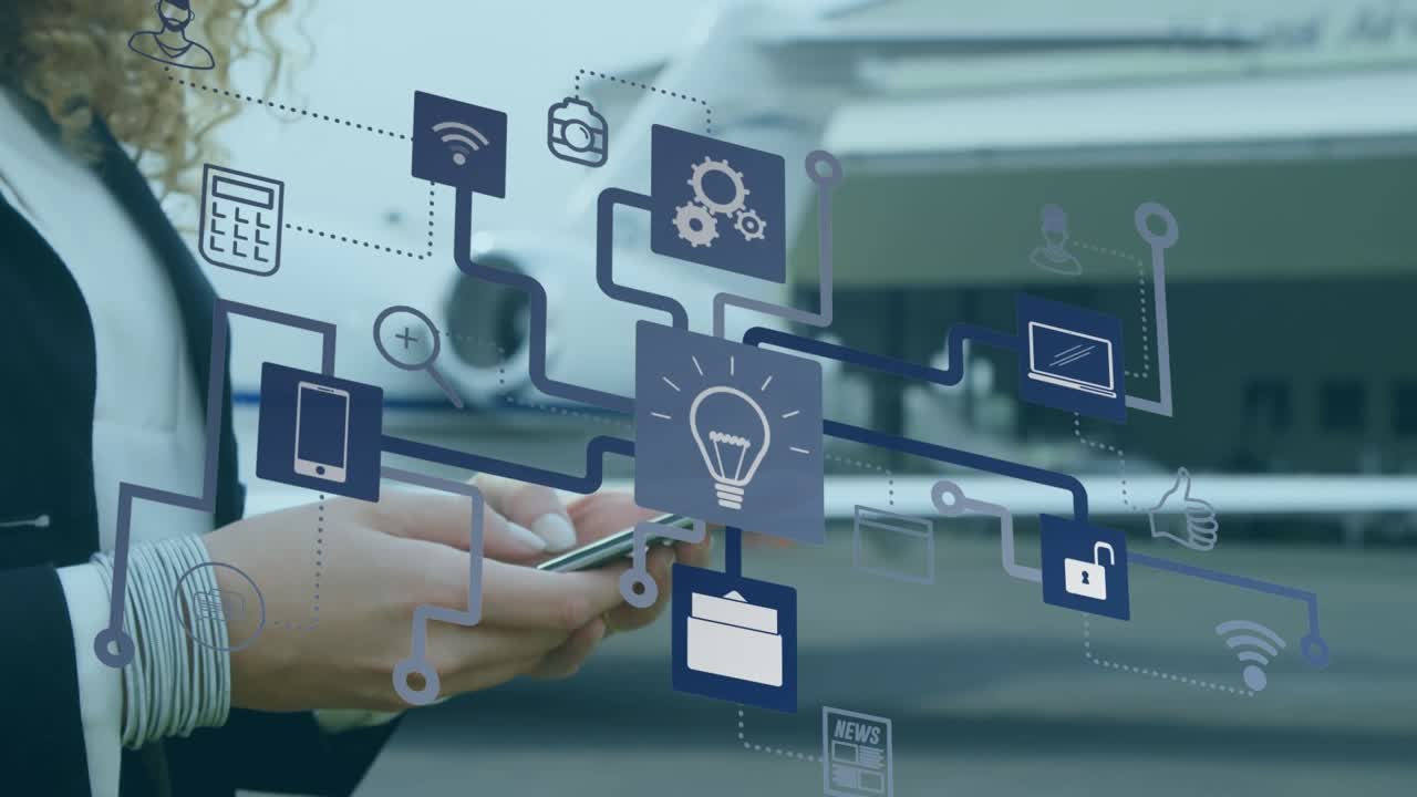 Animation of network of connections with icons over businesswoman using smartphone