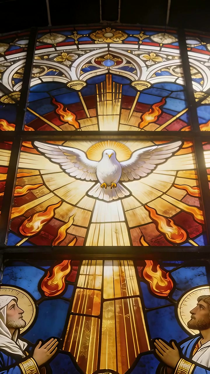 Video verticale: Telecamera che si inclina rivelando un pannello di vetro colorato in chiesa con colomba, raggio di luce e santi in abiti sacri.