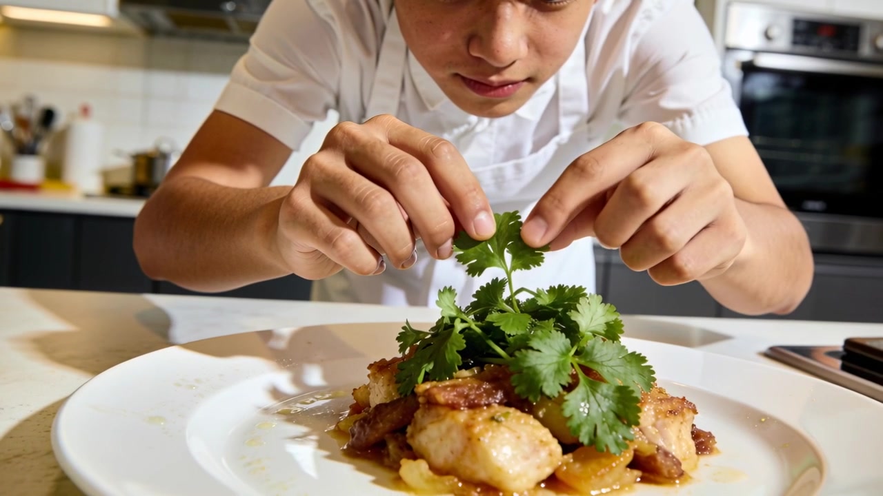 Reaching toward white plate in kitchen, cook placing herb on plate in chef uniform, finishing dish