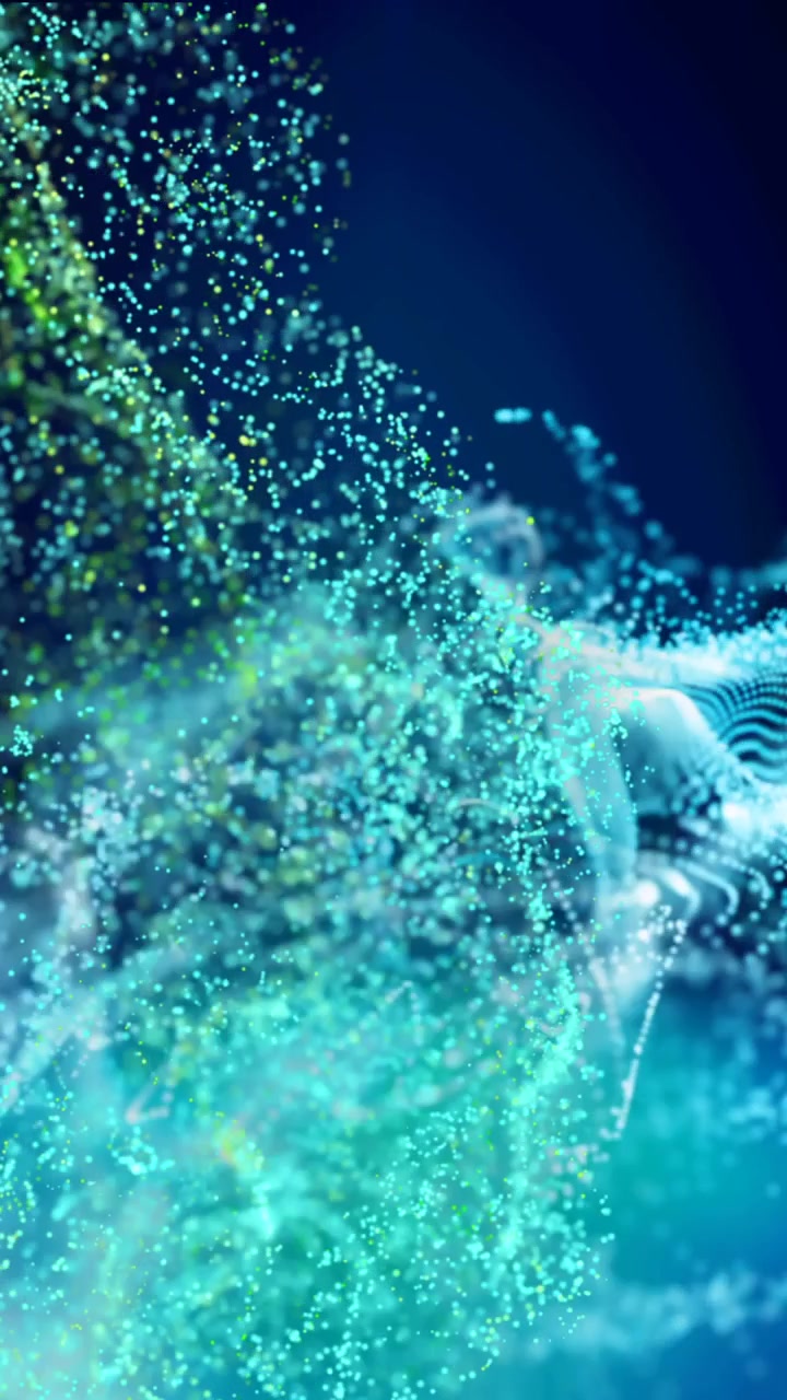 Animazione di nuvole di particelle verdi e blu in movimento su sfondo nero