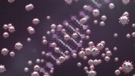 estructura del adn y células de covid-19 contra un fondo púrpura