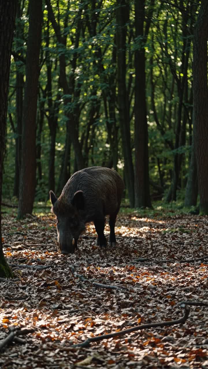 Un cinghiale cerca cibo in una foresta illuminata dal sole, ripreso da un angolo basso