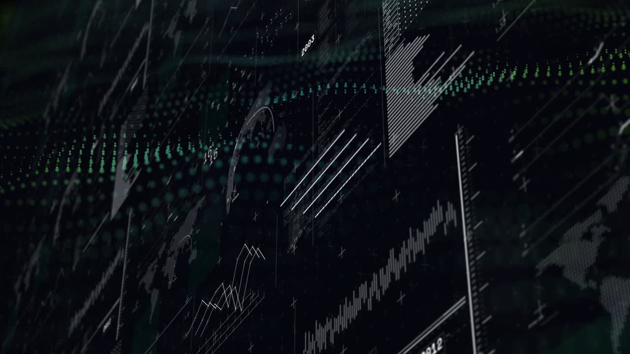 Layered data dashboard on ring emergence animating charts, filling histogram, showing global trends