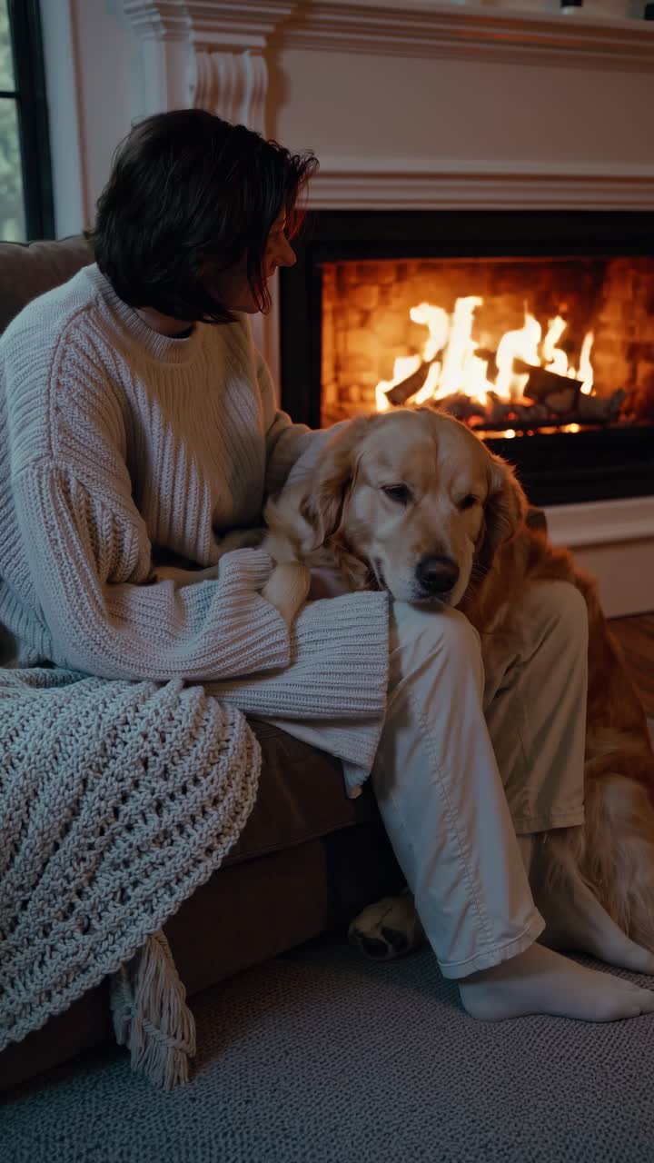 Cozy video scene of a person and dog by a fireplace. Captured from a side angle, highlighting warmth