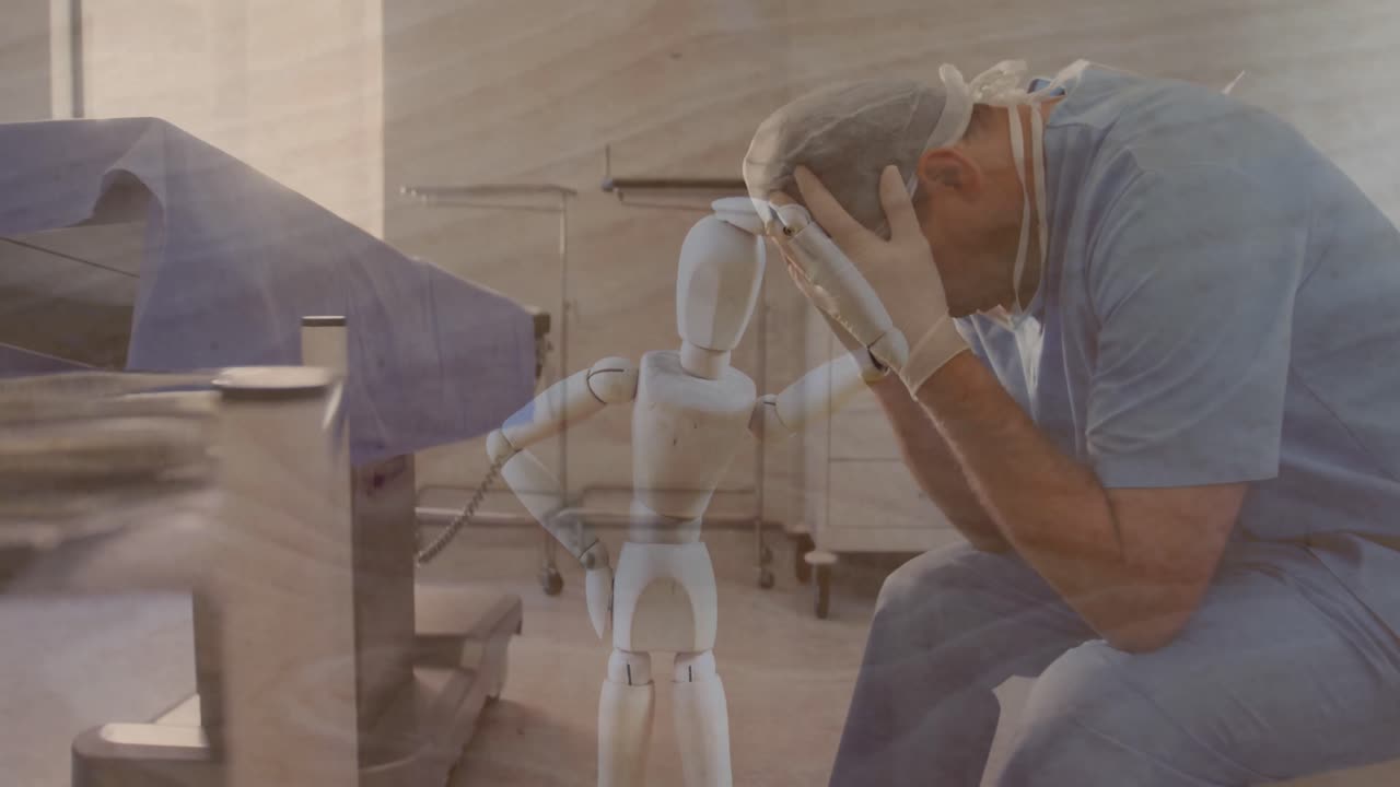 나무 인형 위에 백인 남성 의사의 애니메이션