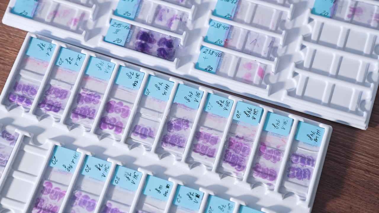 Test Samples In Medical Laboratory. Test samples of blood putting on the special glasses