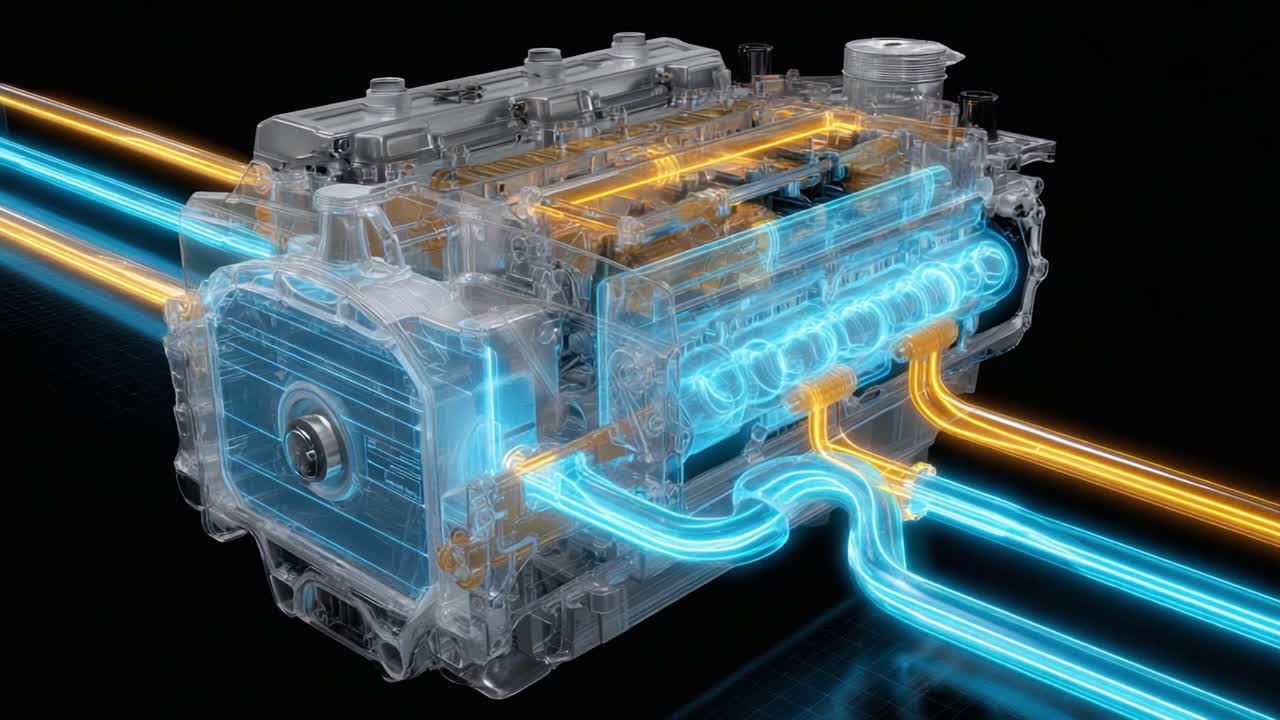 Detailed Visualization of a Transparent Internal Combustion Engine Structure Showcasing Fluid Dynamics with Color-Coded Flow Paths for Enhanced Understanding of Engine Mechanics