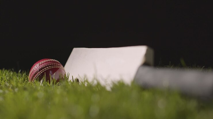 Natura morta di cricket in studio con primo piano di mazza e palla adagiate nell'erba 3