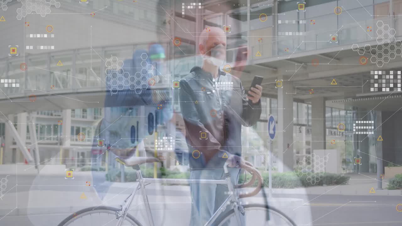 animación de procesamiento de datos y médico masculino caucásico sobre hombre caucásico con bicicleta