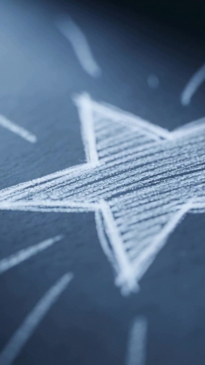 Vertical video: Shot starting, camera zooming, emphasizing chalk five-point star texture on board