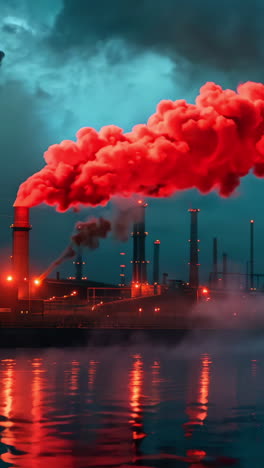 a large industrial plant is emitting smoke into the air. the smoke is red and billowing out of the plant. the sky is dark and cloudy, and the water is calm. the scene is eerie and unsettling