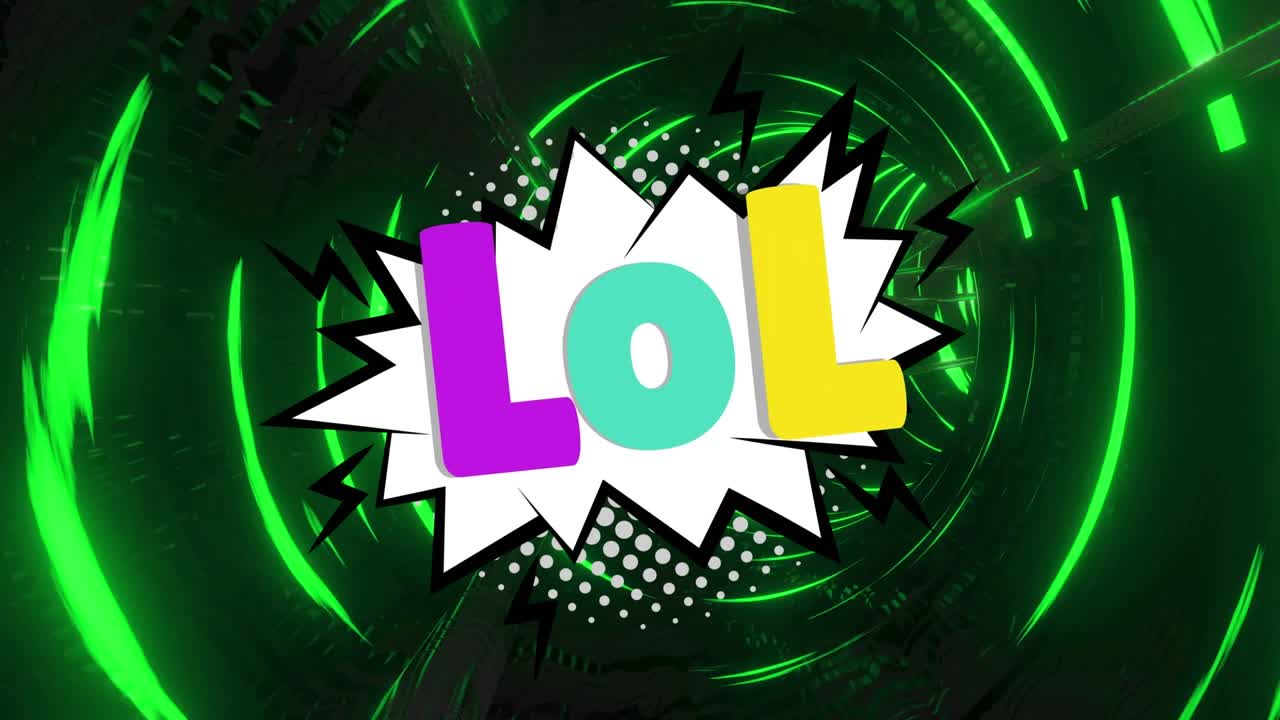 Animation of lol text over neon tunnal on black background