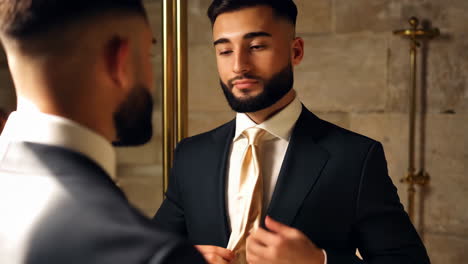 man adjusting his tie in a mirror