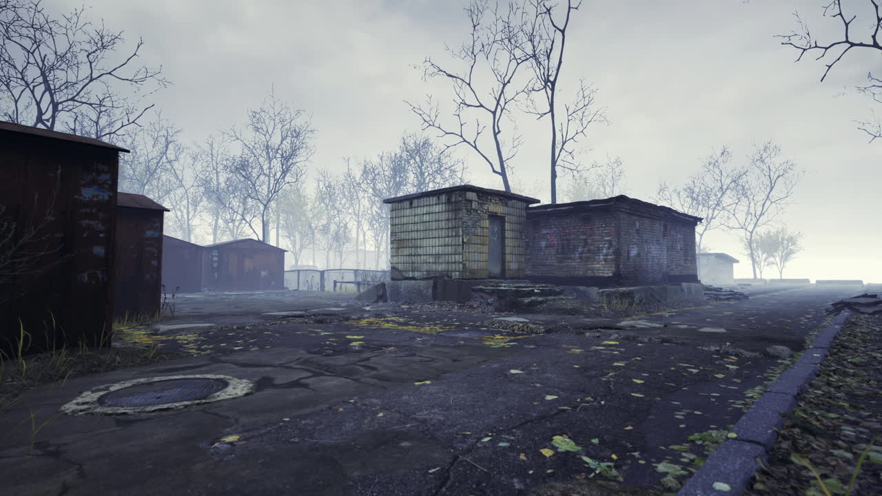 Abandoned settlement surrounded by barren trees in overcast weather