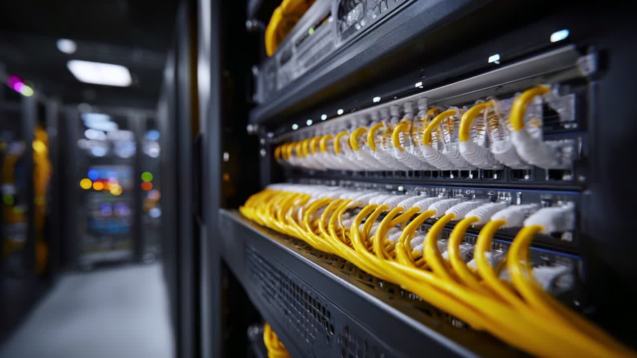 A Close-Up View of Network Cabling and Equipment in a Modern Data Center, Highlighting the Intricate Design and Organization of Server Racks and Cables