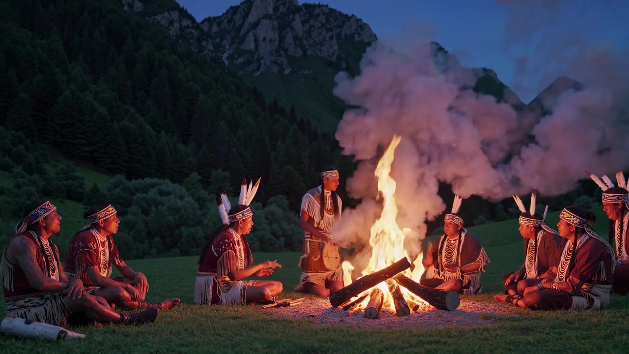 Indigene Völker versammeln sich nachts um ein Lagerfeuer in bergiger Landschaft