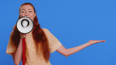 woman talking with megaphone proclaiming news loudly announcing advertisement pointing empty place