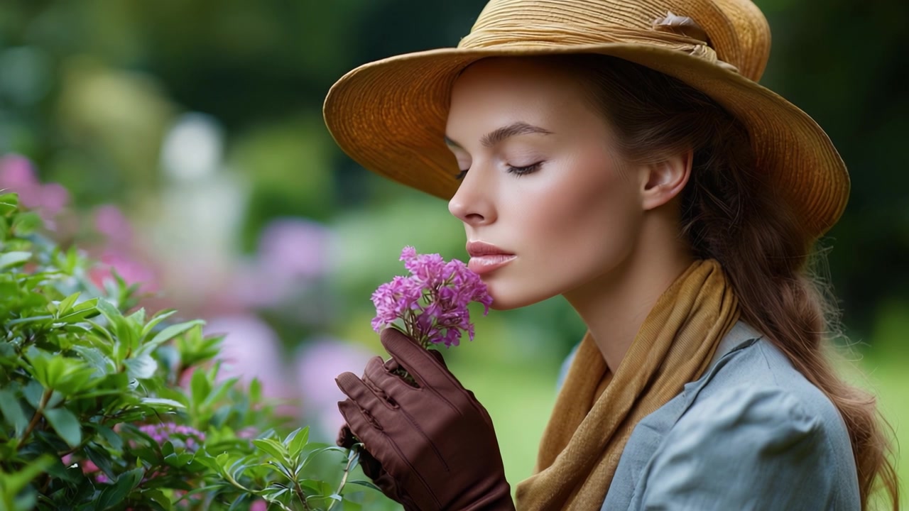 Una donna contemplativa con un cappello di paglia inala delicatamente la fragranza di vivaci fiori rosa, mostrando un momento sereno di connessione con la bellezza della natura.
