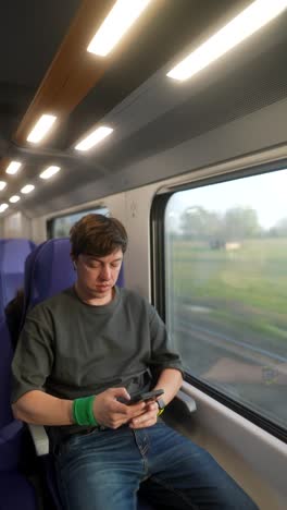 hombre usando un teléfono inteligente en un tren