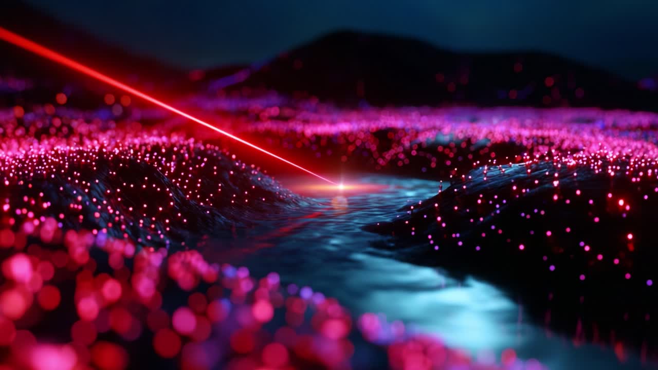 A Stunning Visualization of a Luminous Landscape, Featuring a Laser Beam Cutting Through a Vibrant Terrain of Colorful Lights, Reflecting Off Water in an Enigmatic Nighttime Scene