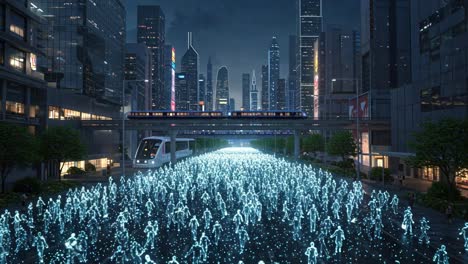 a multitude of holographic figures strolls through a dazzling futuristic city skyline at night, illuminated by vibrant, bright lights