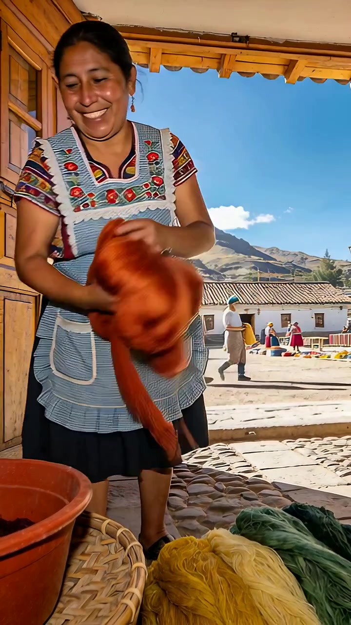Vertical video: Pulling orange yarn from basin, Latina in apron wringing yarn for sale in plaza