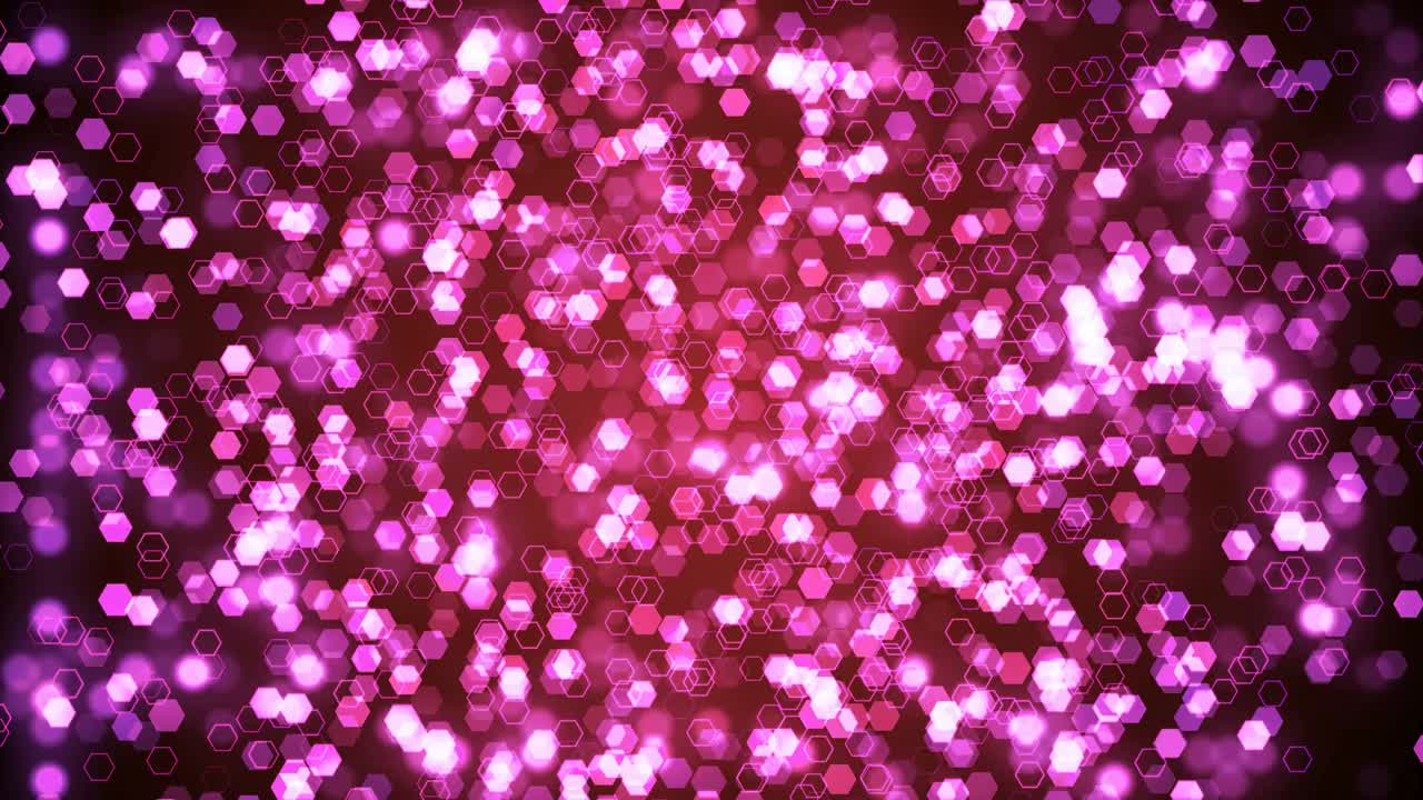 Violet glitter hexagon sparkles on dark background. Abstract animation.