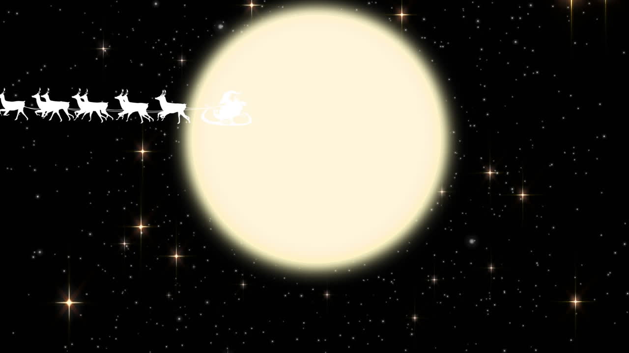 산타클로스가 달과 별 위에 렌더와 함께  ⁇ 매를 타고 있는 애니메이션