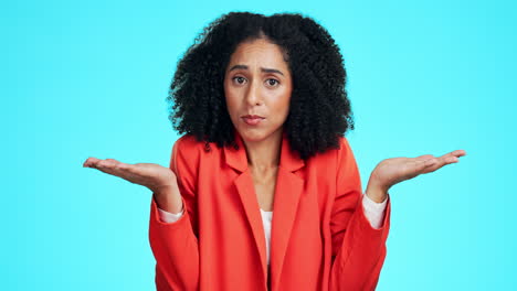 confused, shrugging and face of woman in studio