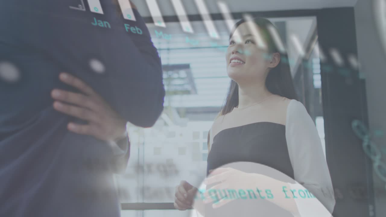 Woman gesturing and explaining in business meeting, teal charts shifting, revealing monthly data