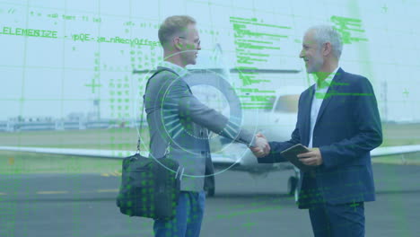 анимация обработки данных над кавказскими бизнесменами в аэропорту