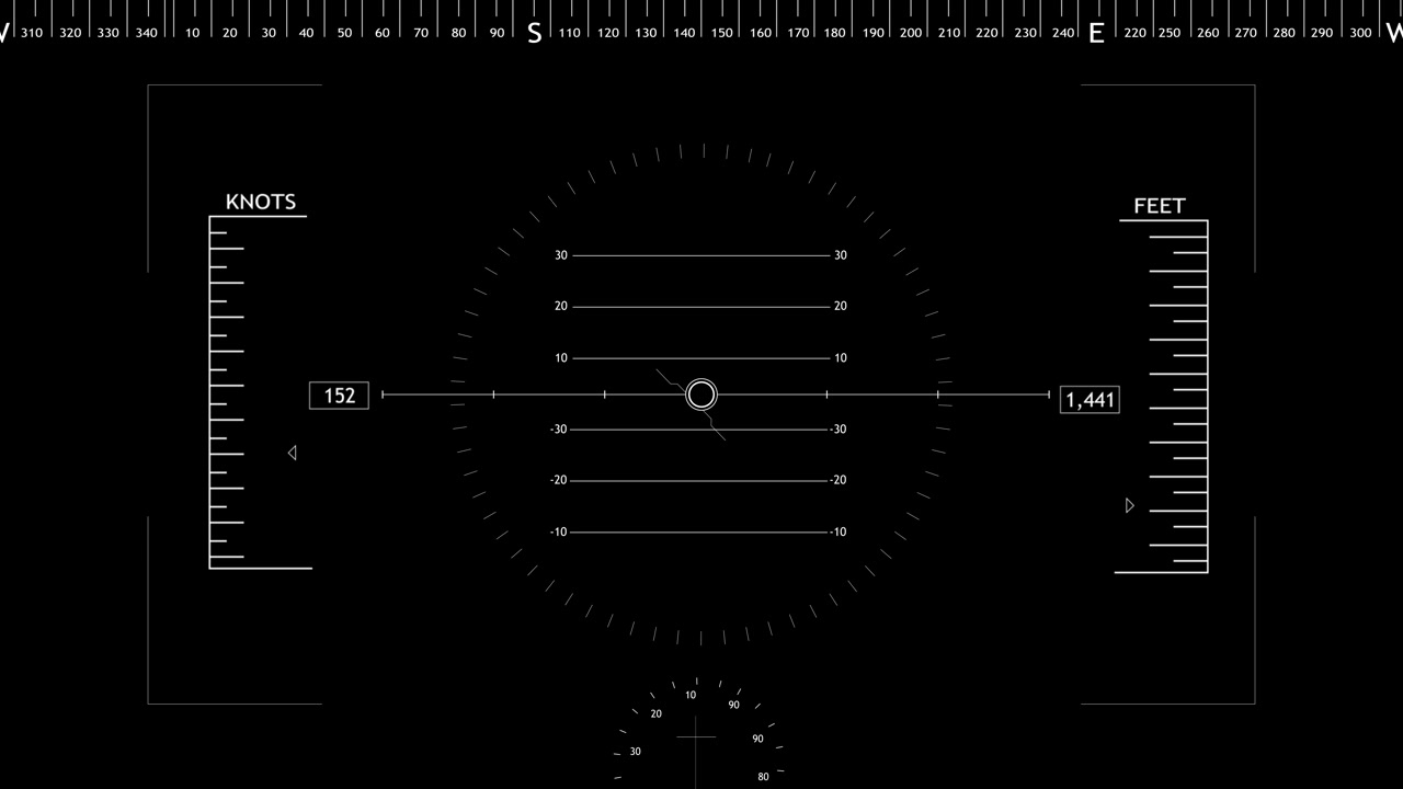 Cockpit navigation gauge overlay with white flight scales radar center compass ruler and black