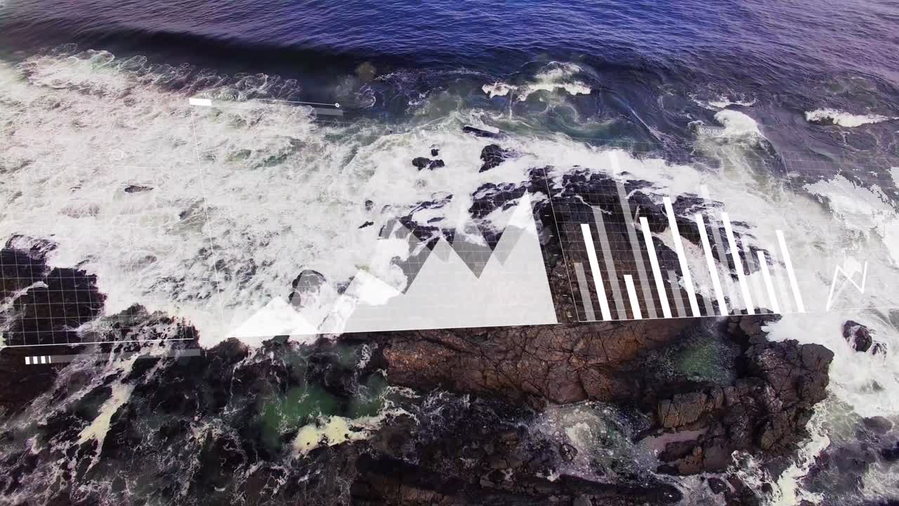 Animation of statistical data processing over aerial view of sea waves hitting the rocks