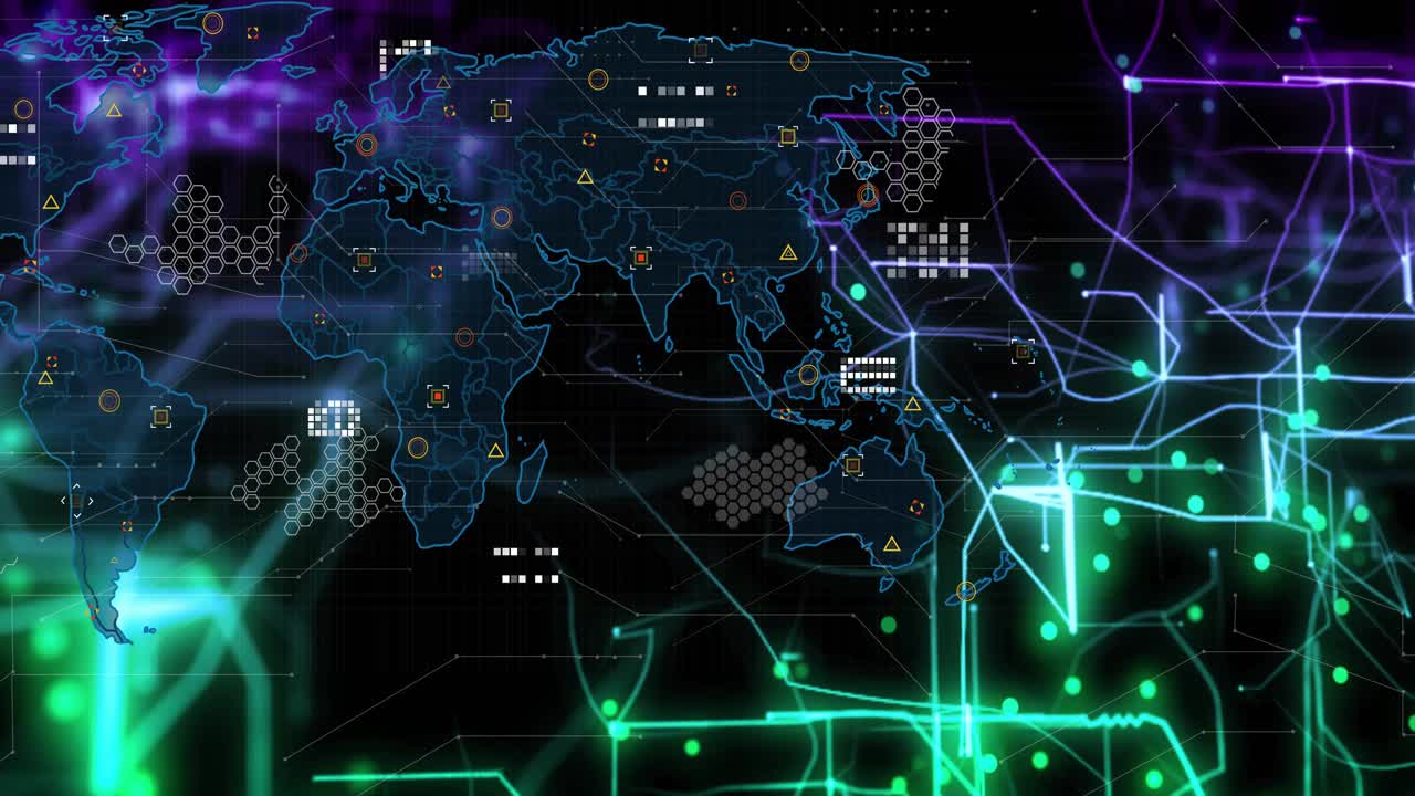 Outline appearing triggers world map emerging with network lines animating to visualize data flow