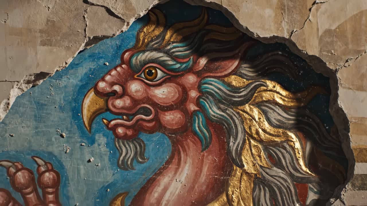 Griffin Mural Revealed Through Cracked Wall