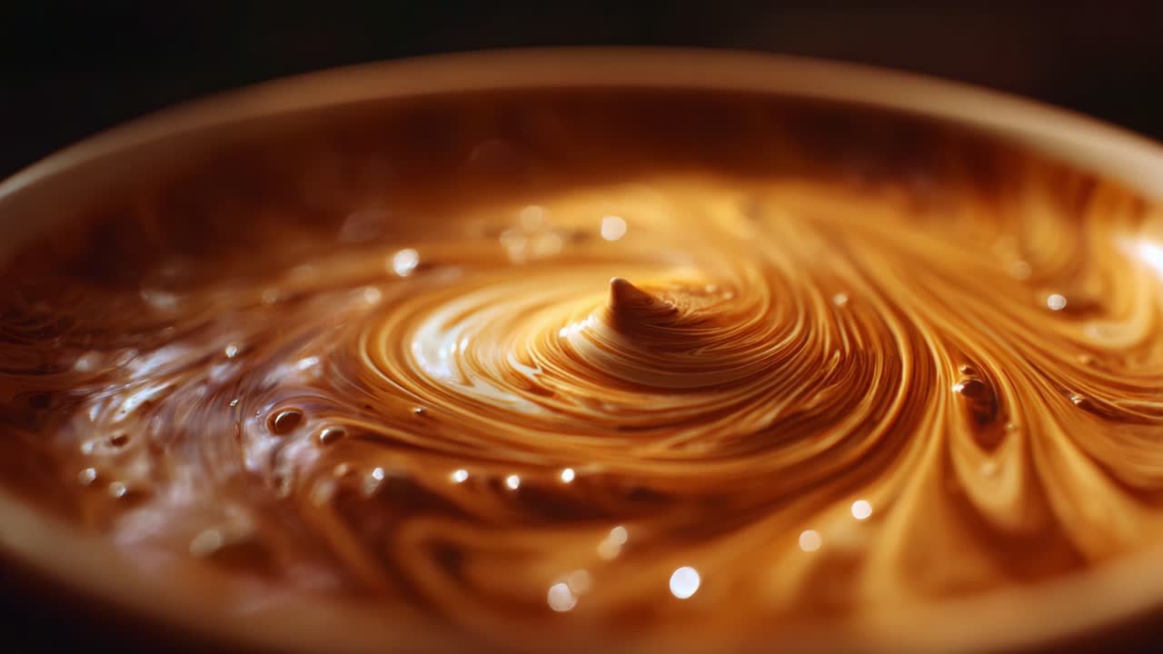 Tourbillons captivants de sauce au caramel riche dans un bol, mettant en évidence sa texture brillante et son mouvement fluide tandis que la lumière danse sur sa surface, créant un régal visuel tentant