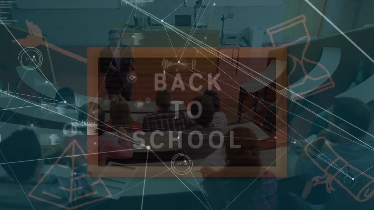 연결 네트워크의 애니메이션과 학생들에 대한 학교 복귀 텍스트