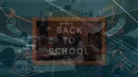 animación de la red de conexiones y texto de regreso a la escuela sobre los estudiantes